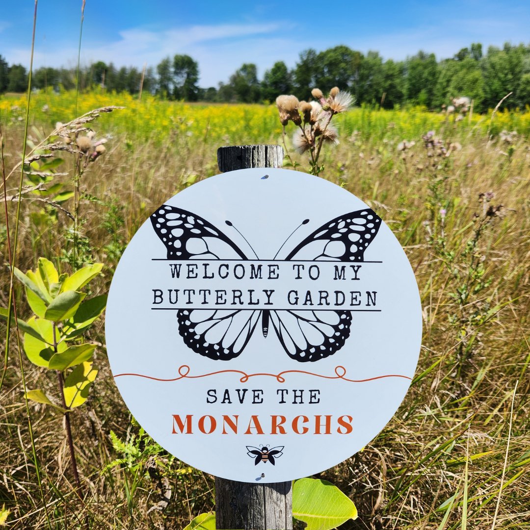 Garden or Lawn Sign - Butterfly Garden, Save the Monarchs - Aluminum 12” Round White Sign - Mason and Monarch